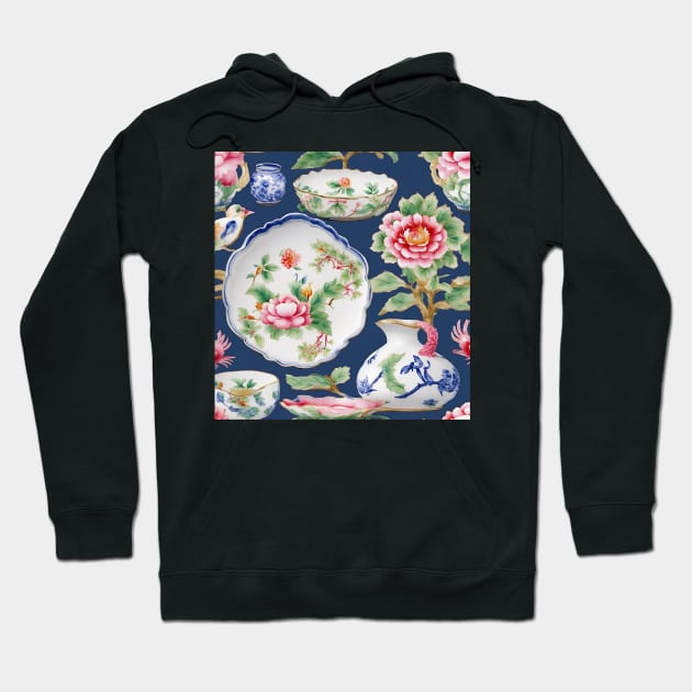 Fantasy chinoiserie porcelain on navy blue Hoodie by SophieClimaArt